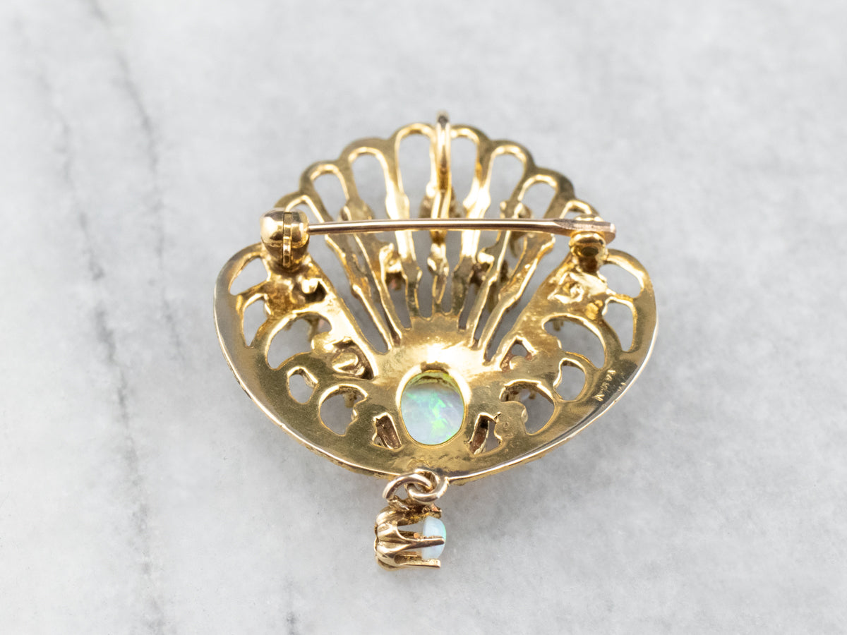 Ornate Opal Gold Filigree Brooch Pendant