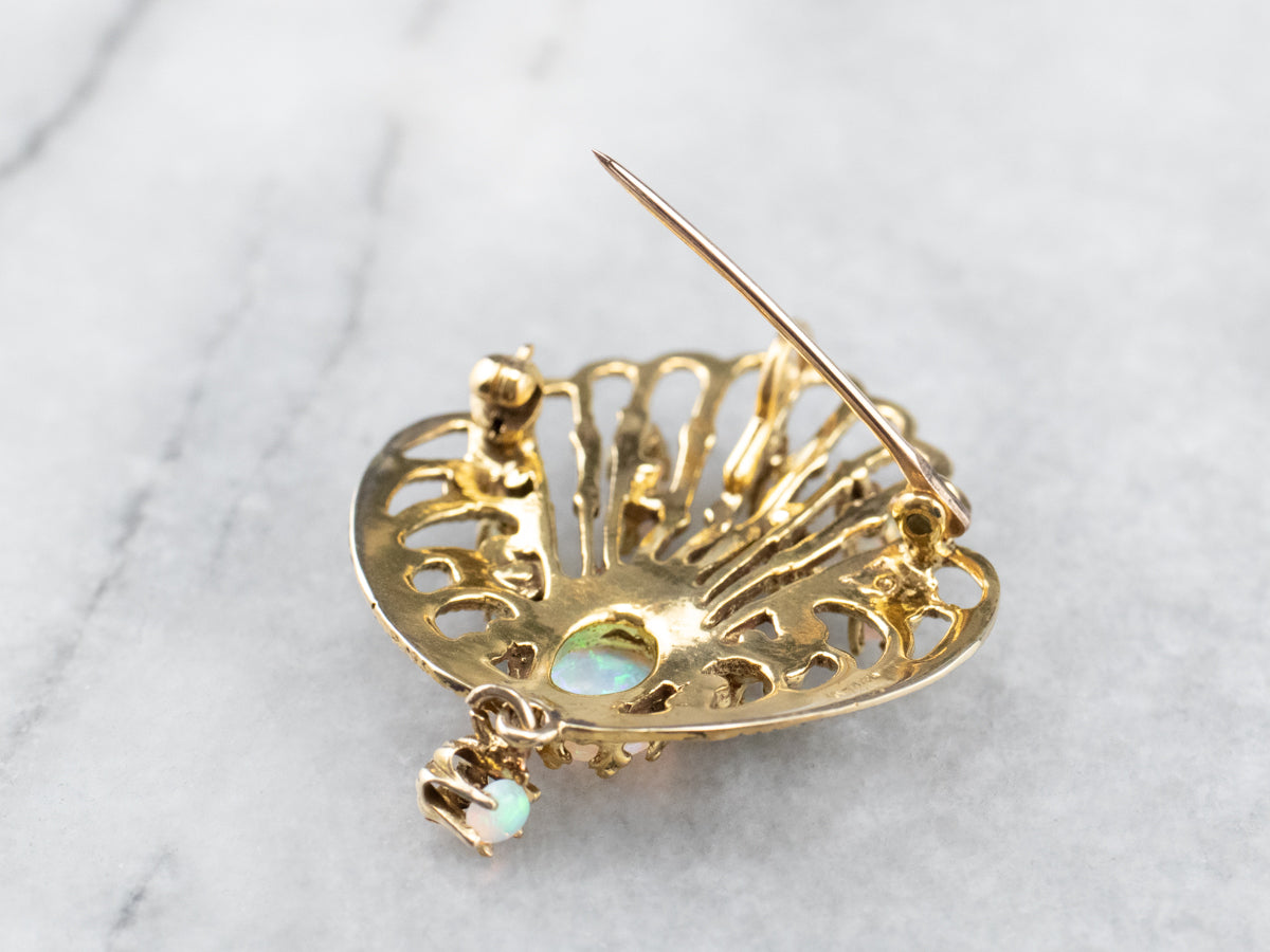 Ornate Opal Gold Filigree Brooch Pendant