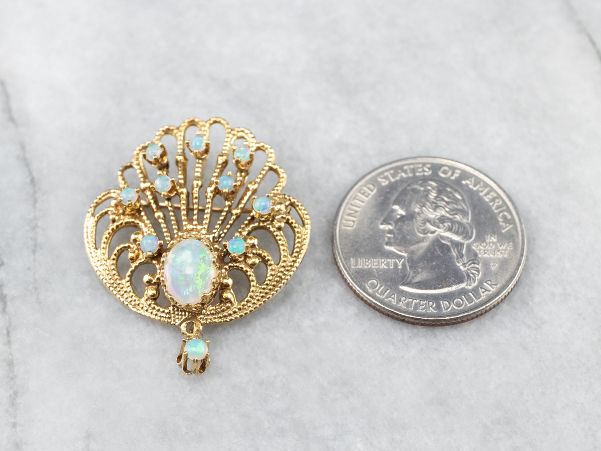 Ornate Opal Gold Filigree Brooch Pendant