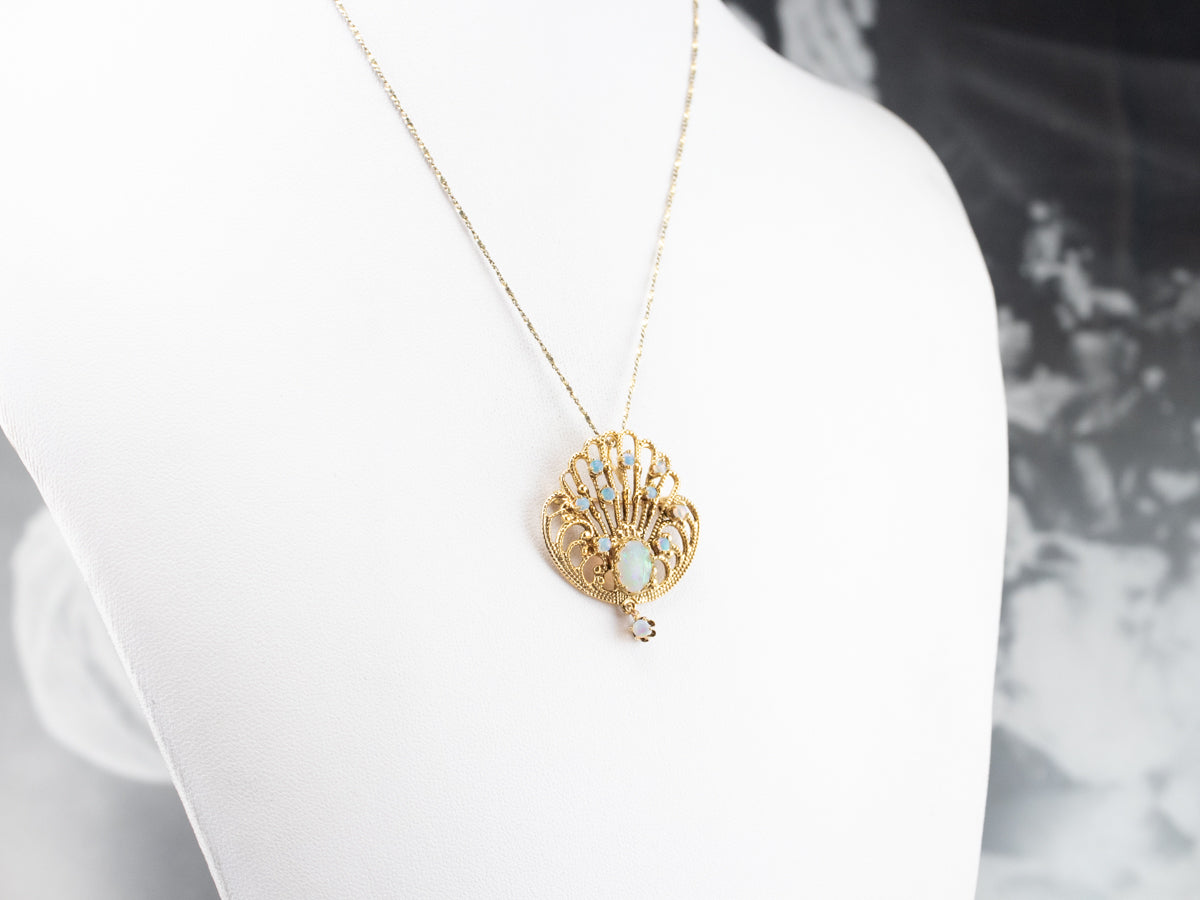 Ornate Opal Gold Filigree Brooch Pendant