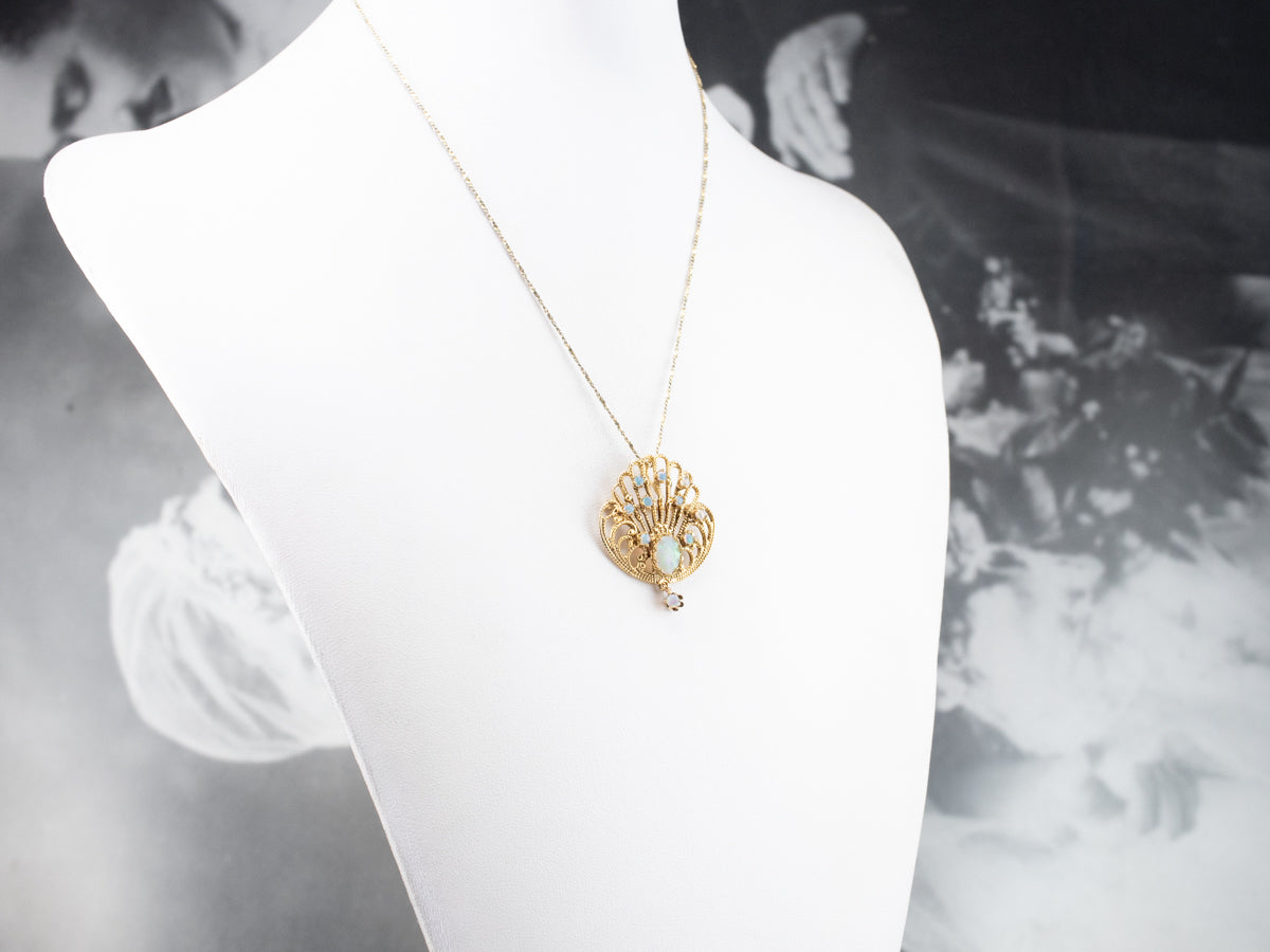 Ornate Opal Gold Filigree Brooch Pendant