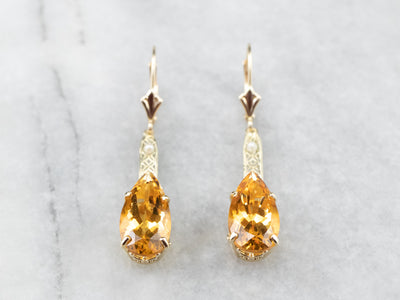 Pear Cut Citrine Gold Filigree Bar Drop Earrings