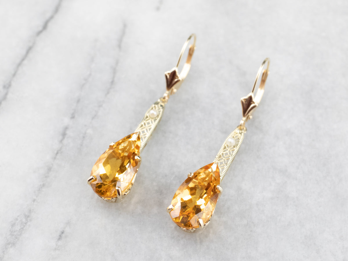 Pear Cut Citrine Gold Filigree Bar Drop Earrings