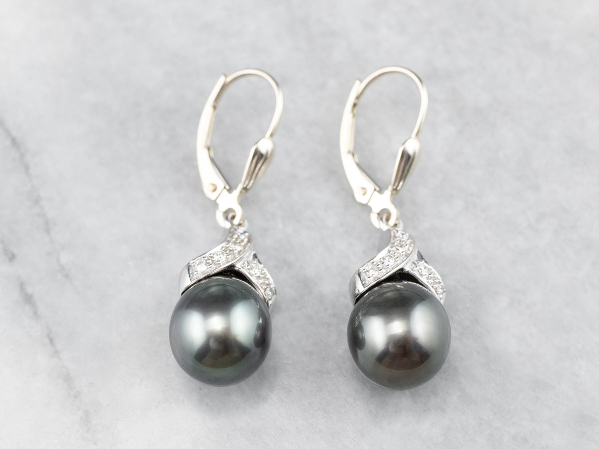 Grey Pearl Diamond White Gold Drop Earrings