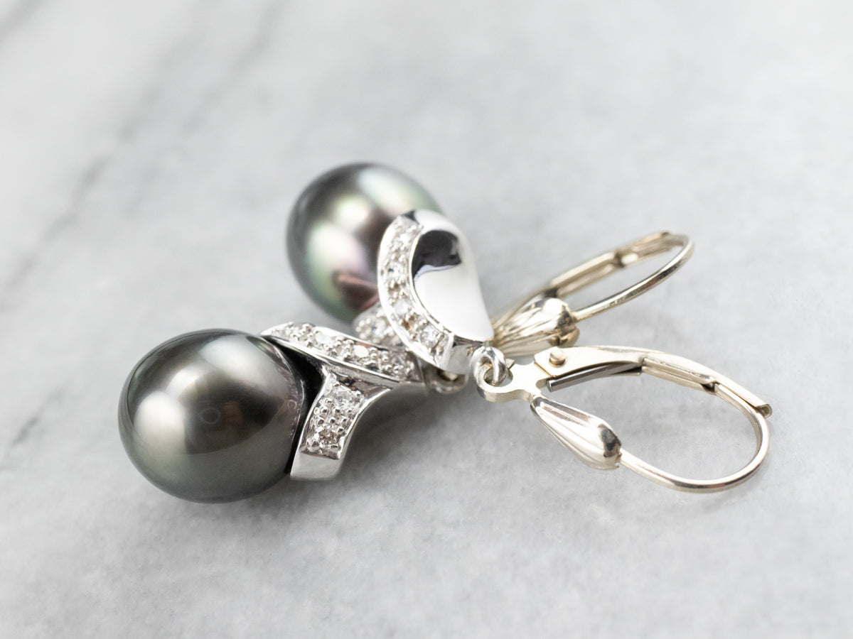 Grey Pearl Diamond White Gold Drop Earrings