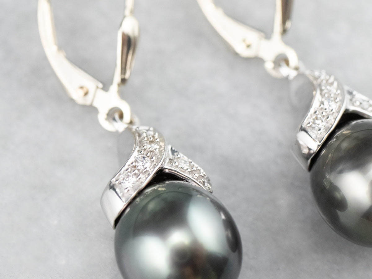 Grey Pearl Diamond White Gold Drop Earrings