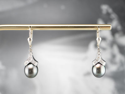 Grey Pearl Diamond White Gold Drop Earrings
