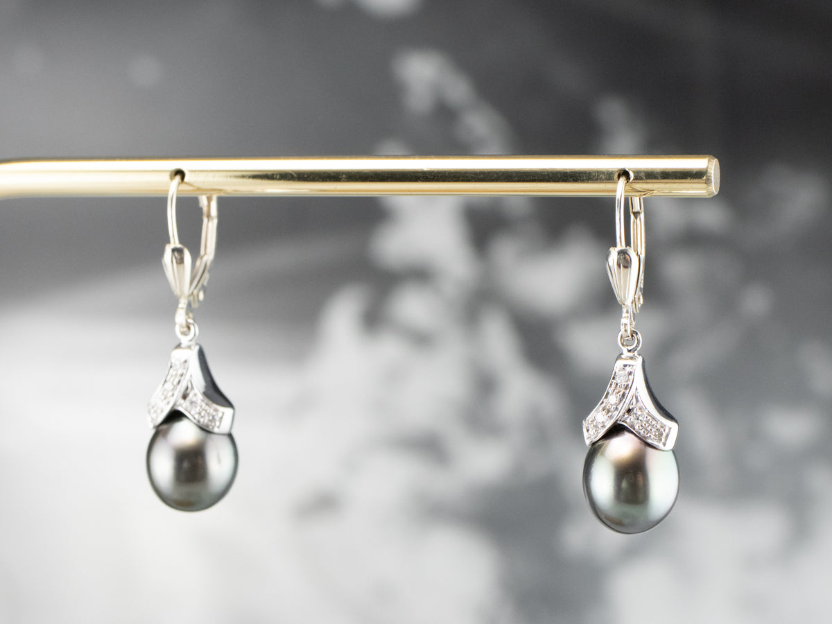 Grey Pearl Diamond White Gold Drop Earrings