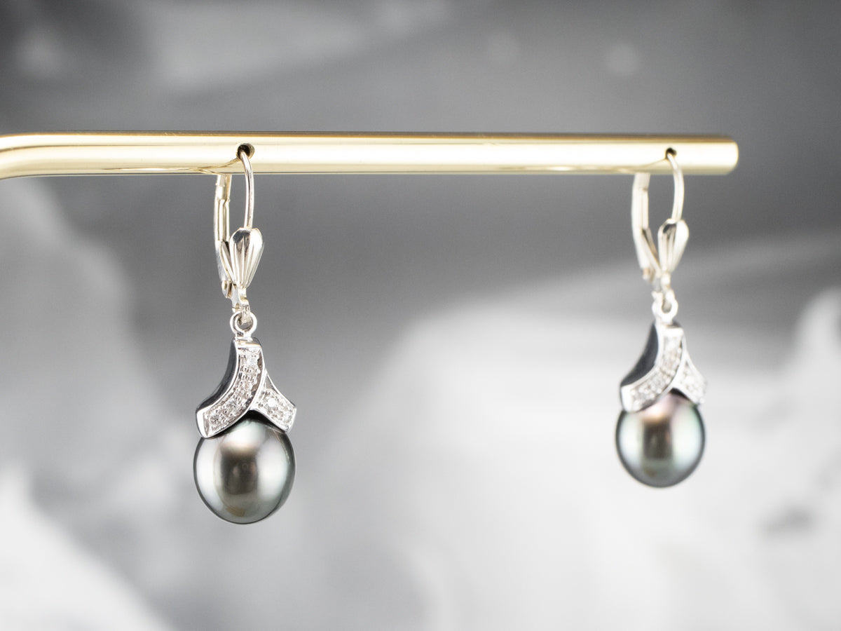 Grey Pearl Diamond White Gold Drop Earrings