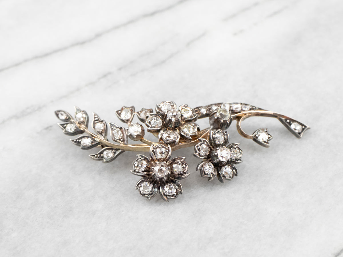 Old Mine Cut Diamond 1850s Floral Brooch
