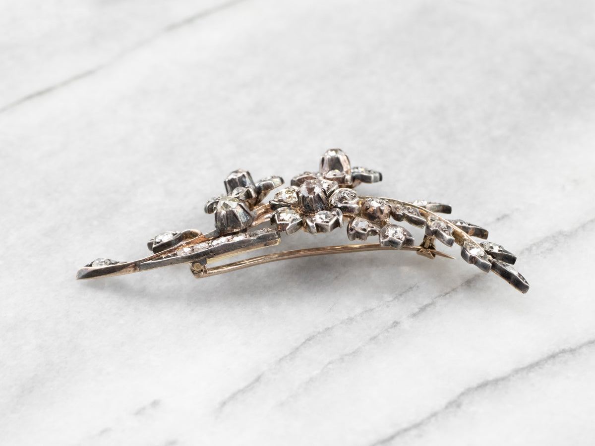 Old Mine Cut Diamond 1850s Floral Brooch