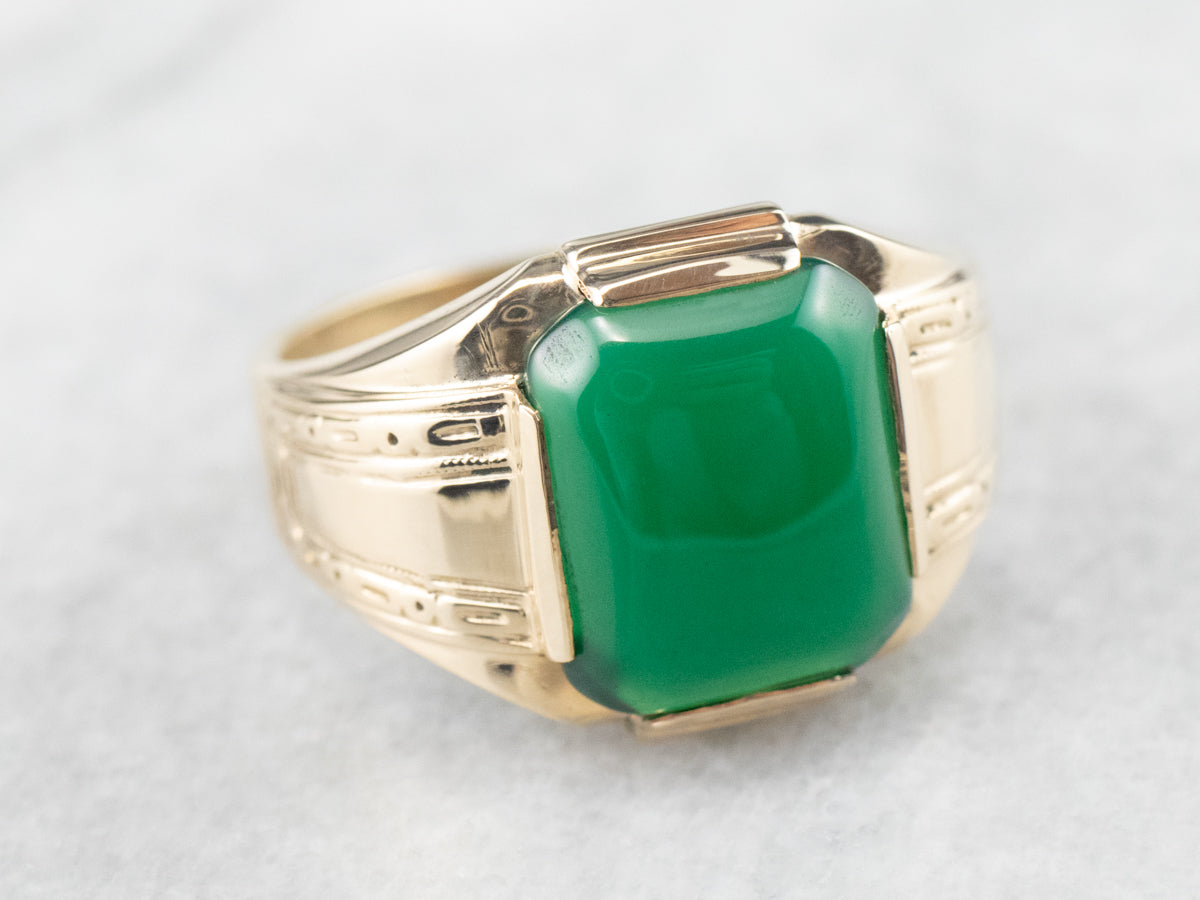 Retro Men's Green Onyx Gold Statement Ring