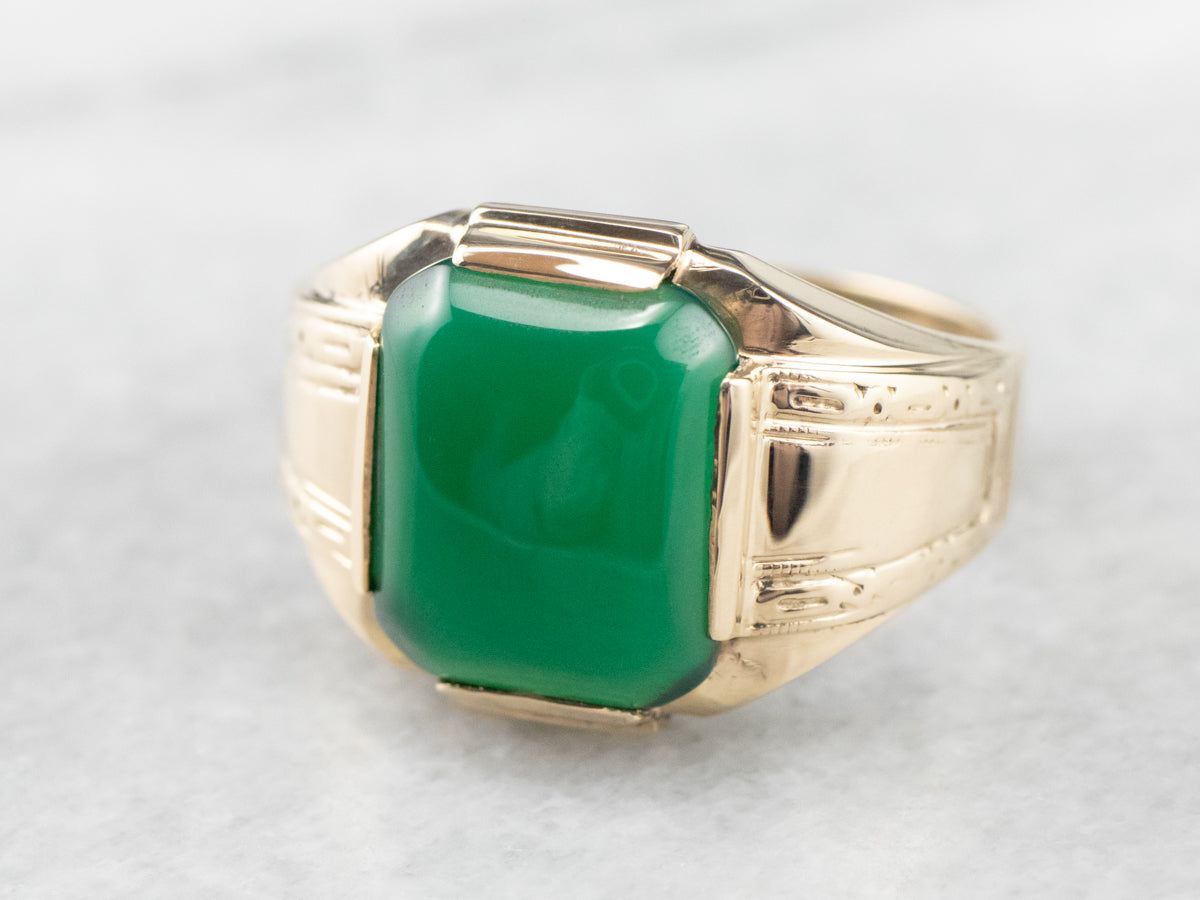 Retro Men's Green Onyx Gold Statement Ring