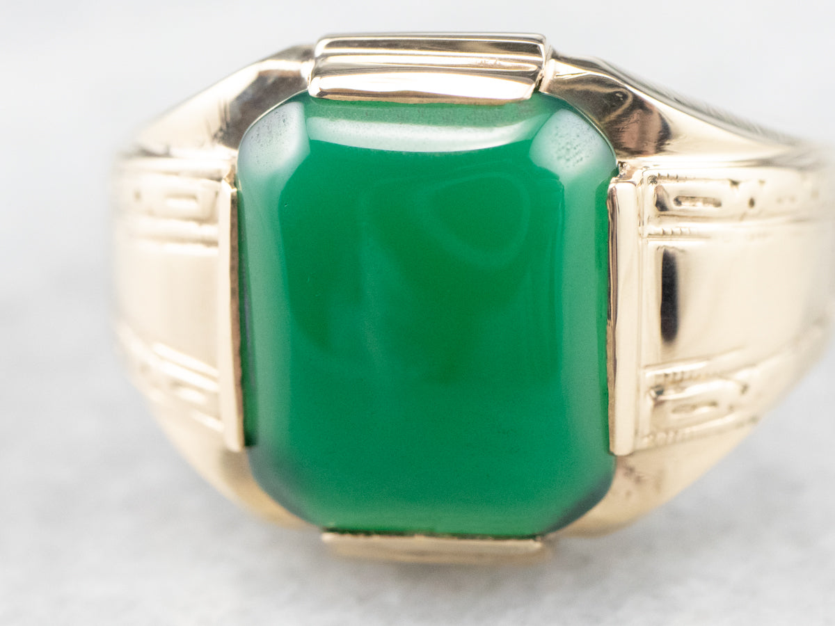 Retro Men's Green Onyx Gold Statement Ring