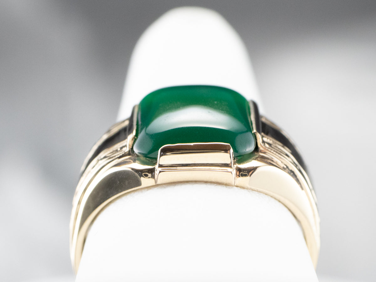 Retro Men's Green Onyx Gold Statement Ring