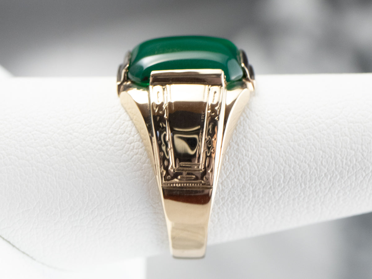 Retro Men's Green Onyx Gold Statement Ring