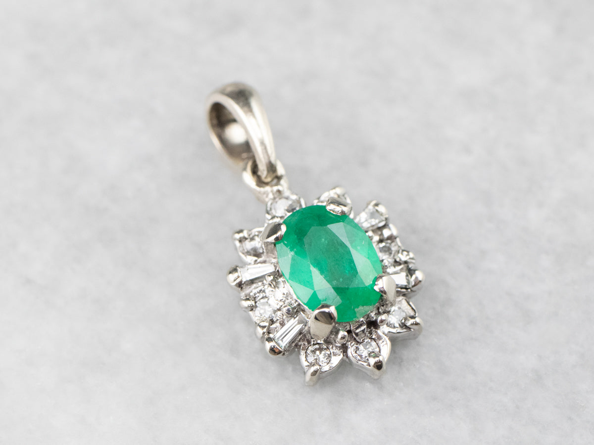 Emerald Diamond Halo White Gold Pendant