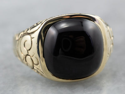 Antique Black Onyx Patterned Gold Statement Ring