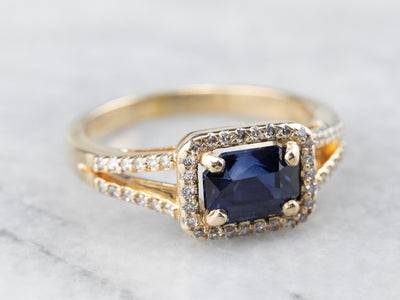 Gold Sapphire and Diamond Halo Ring