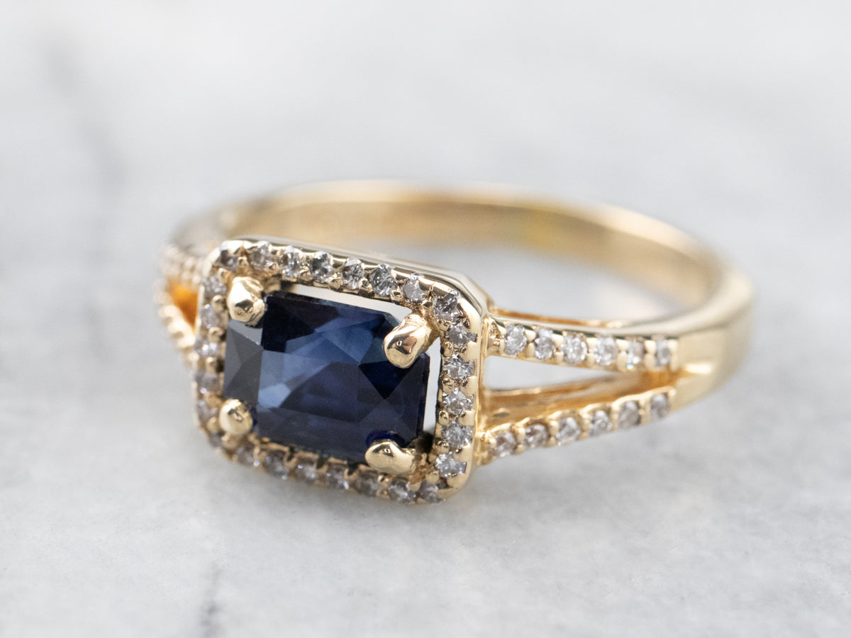 Gold Sapphire and Diamond Halo Ring