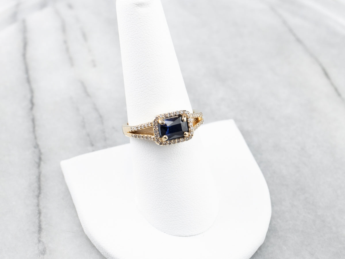 Gold Sapphire and Diamond Halo Ring