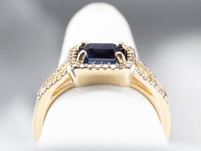 Gold Sapphire and Diamond Halo Ring