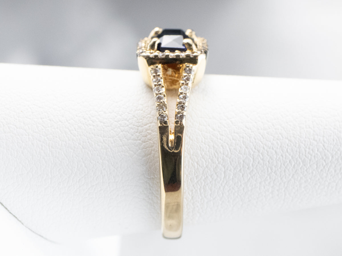 Gold Sapphire and Diamond Halo Ring