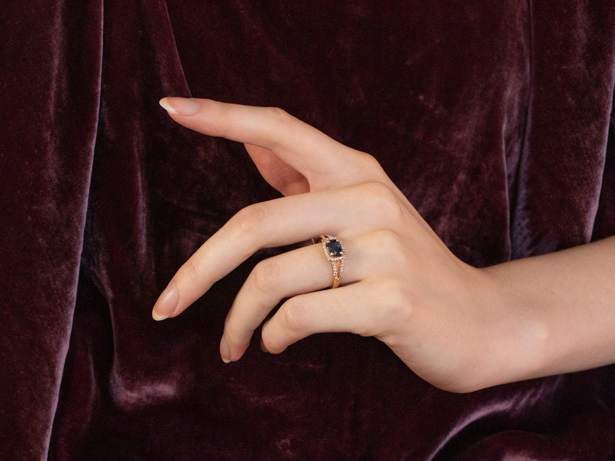 Gold Sapphire and Diamond Halo Ring