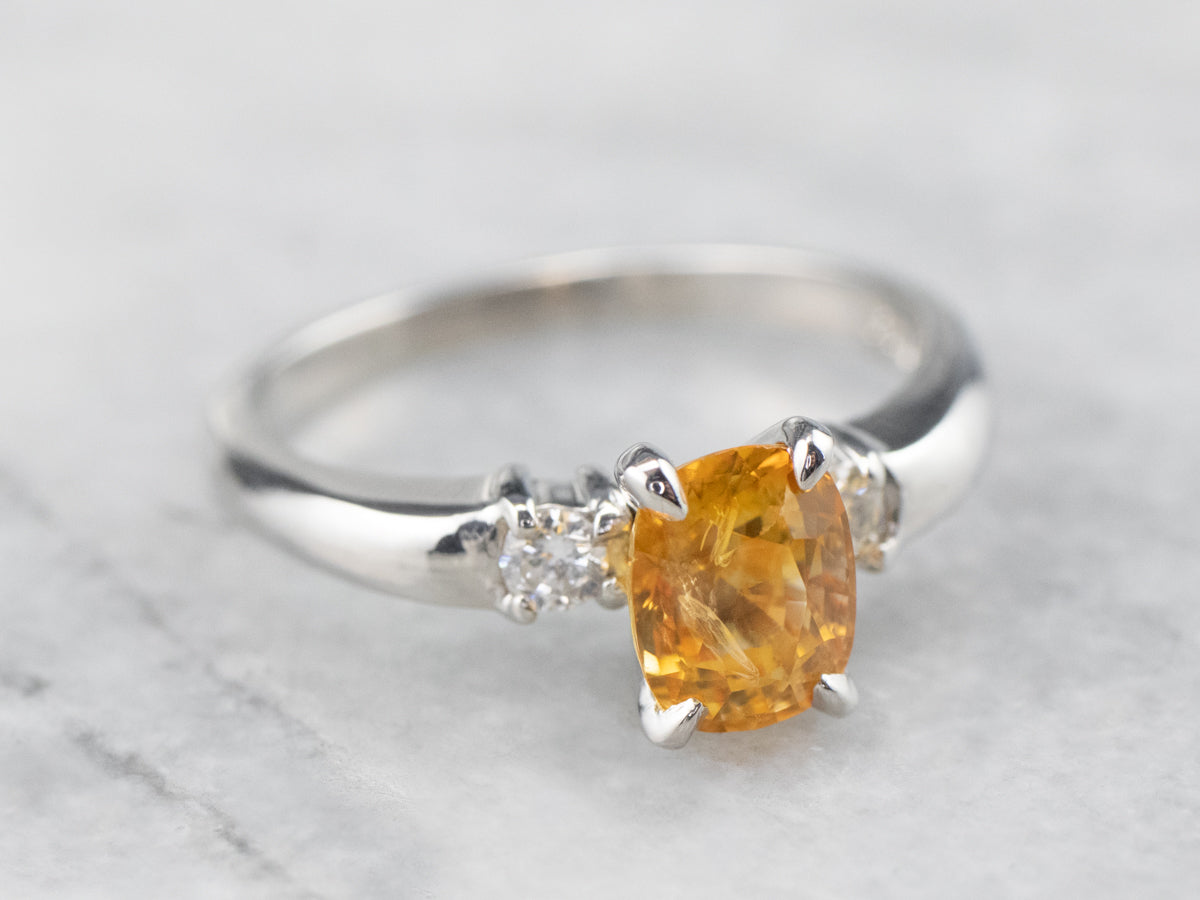 Yellow Sapphire Platinum and Diamond Ring