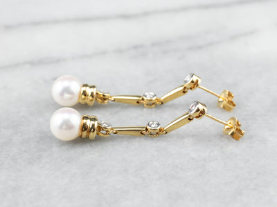 Pearl Diamond Bar 18K Gold Drop Earrings