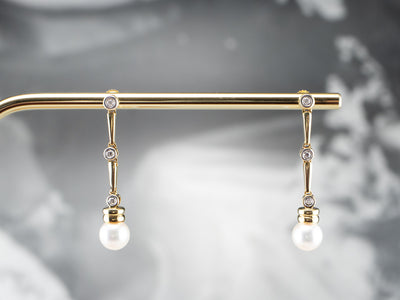 Pearl Diamond Bar 18K Gold Drop Earrings