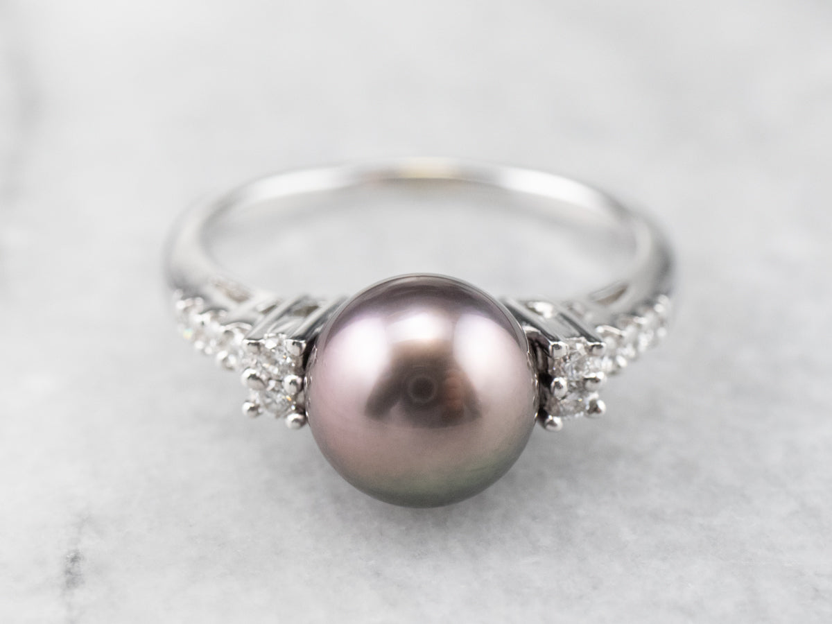 Black Pearl and Diamond Ring