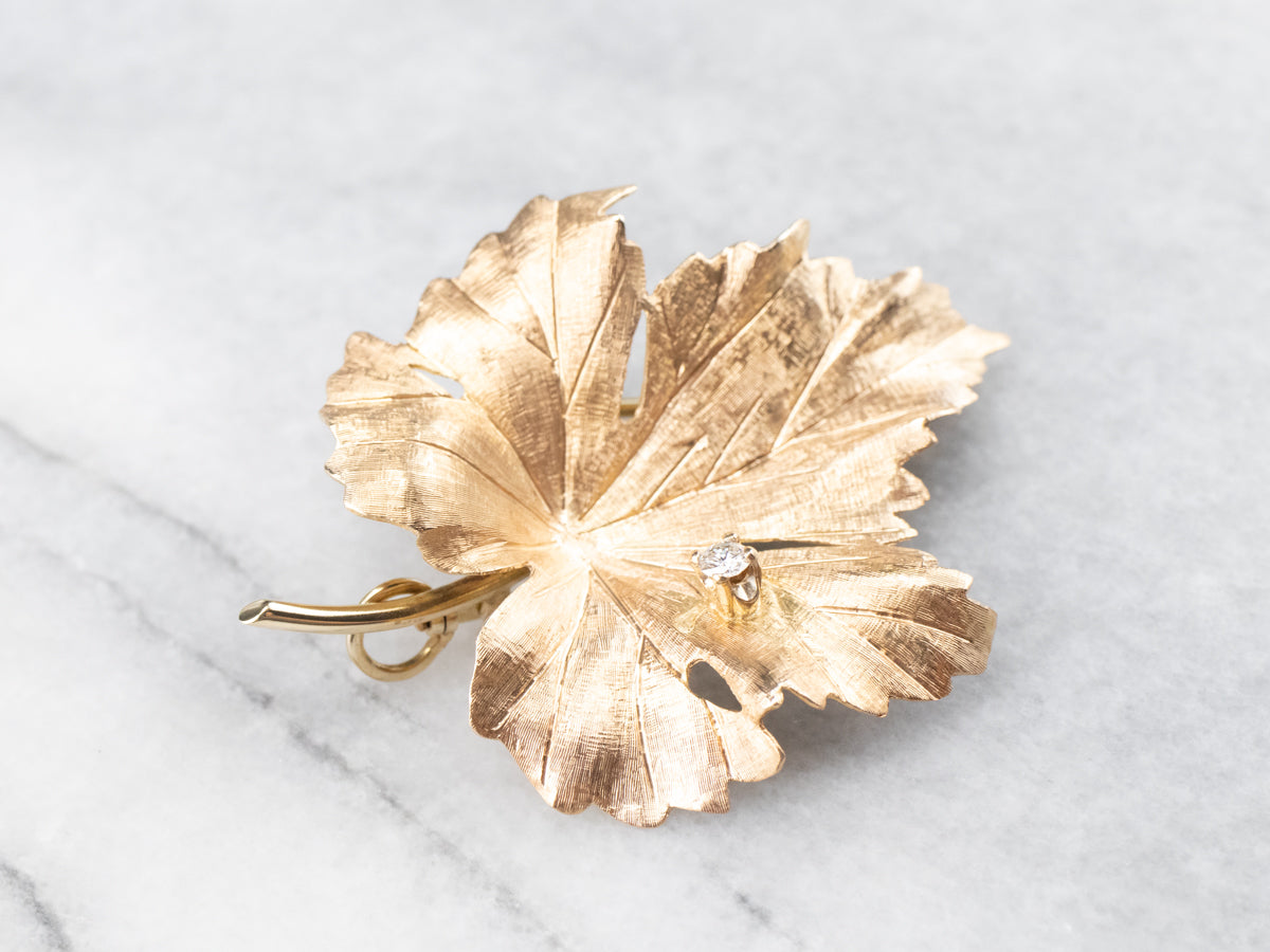 Vintage Retro 14k Yellow Gold Pearl + Diamond Grape Leaves Brooch