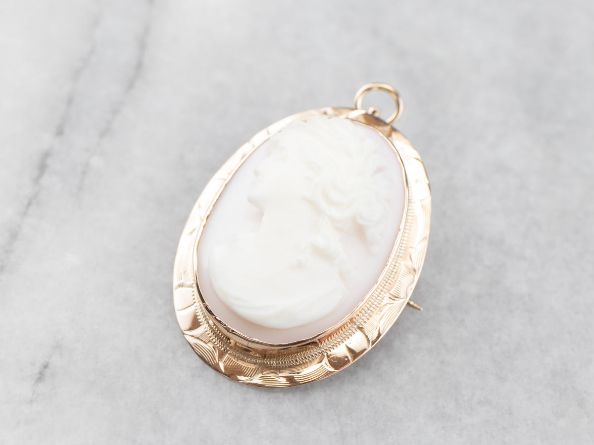 Mid Century Pink Shell Cameo Pendant or Pin