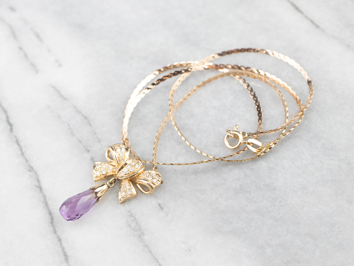 Gold Bow Amethyst and Diamond Necklace