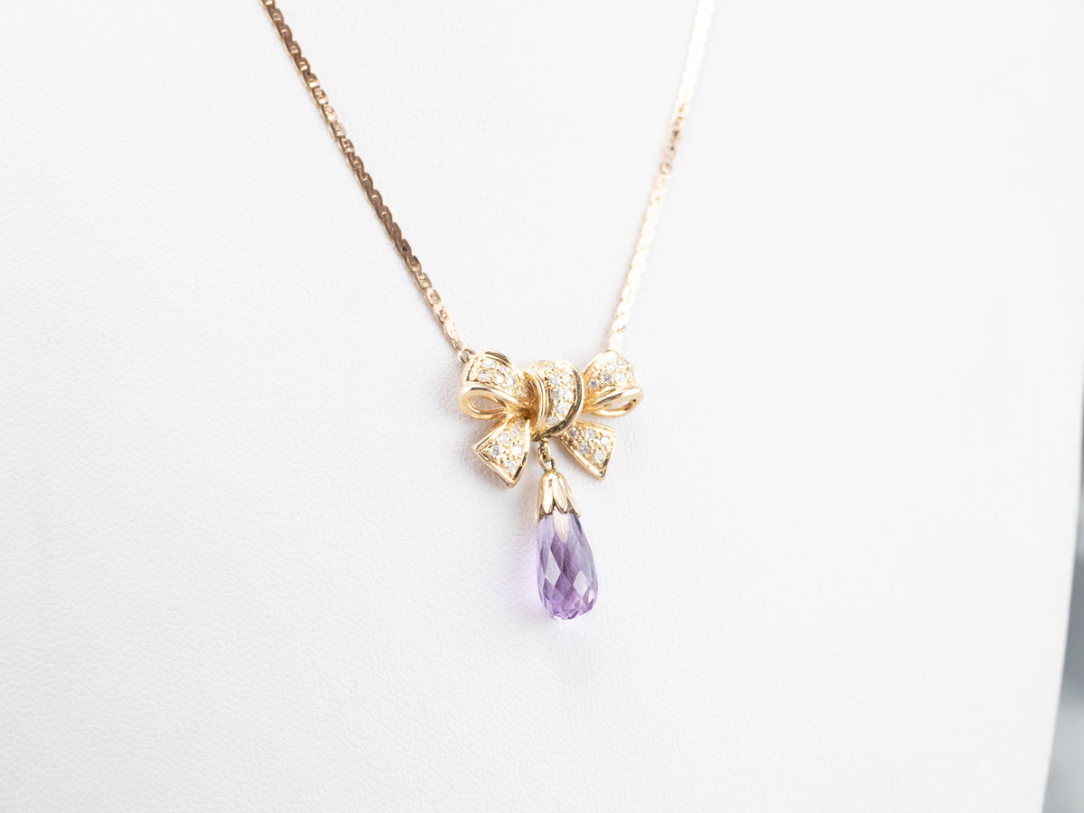 Gold Bow Amethyst and Diamond Necklace