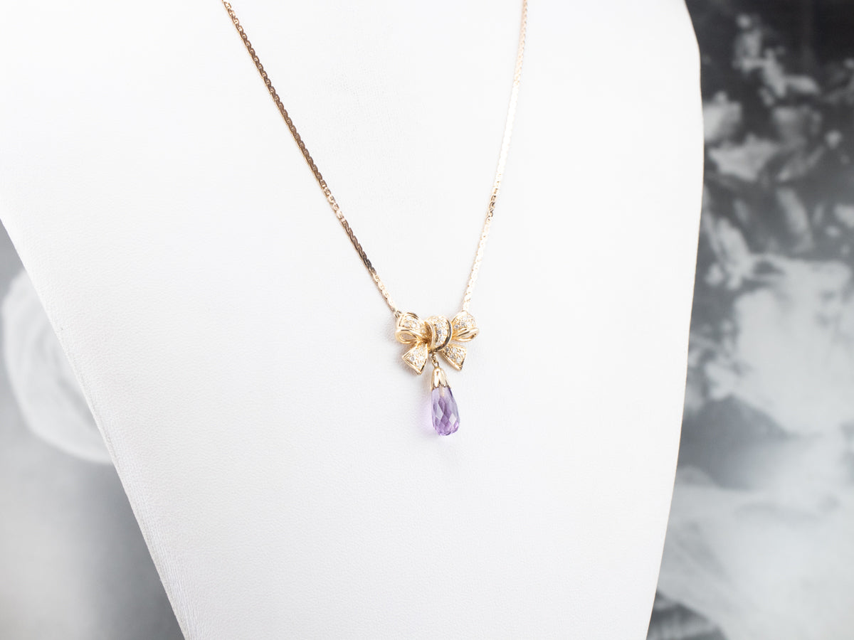 Gold Bow Amethyst and Diamond Necklace