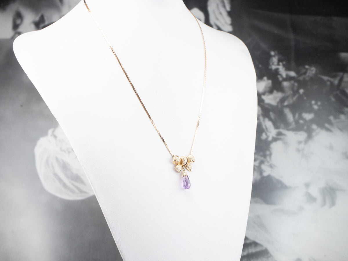 Gold Bow Amethyst and Diamond Necklace