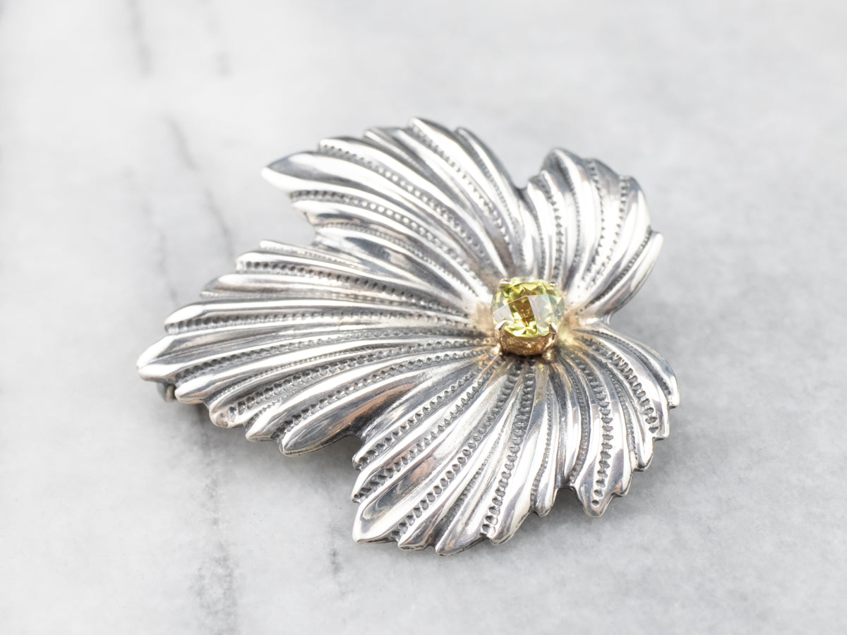 Mixed Metal Mali Garnet Leaf Brooch