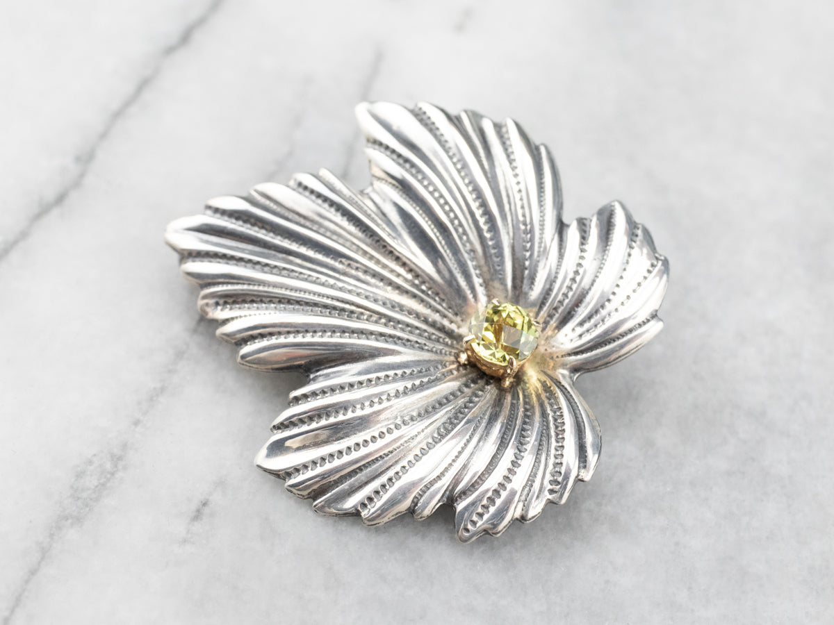 Mixed Metal Mali Garnet Leaf Brooch