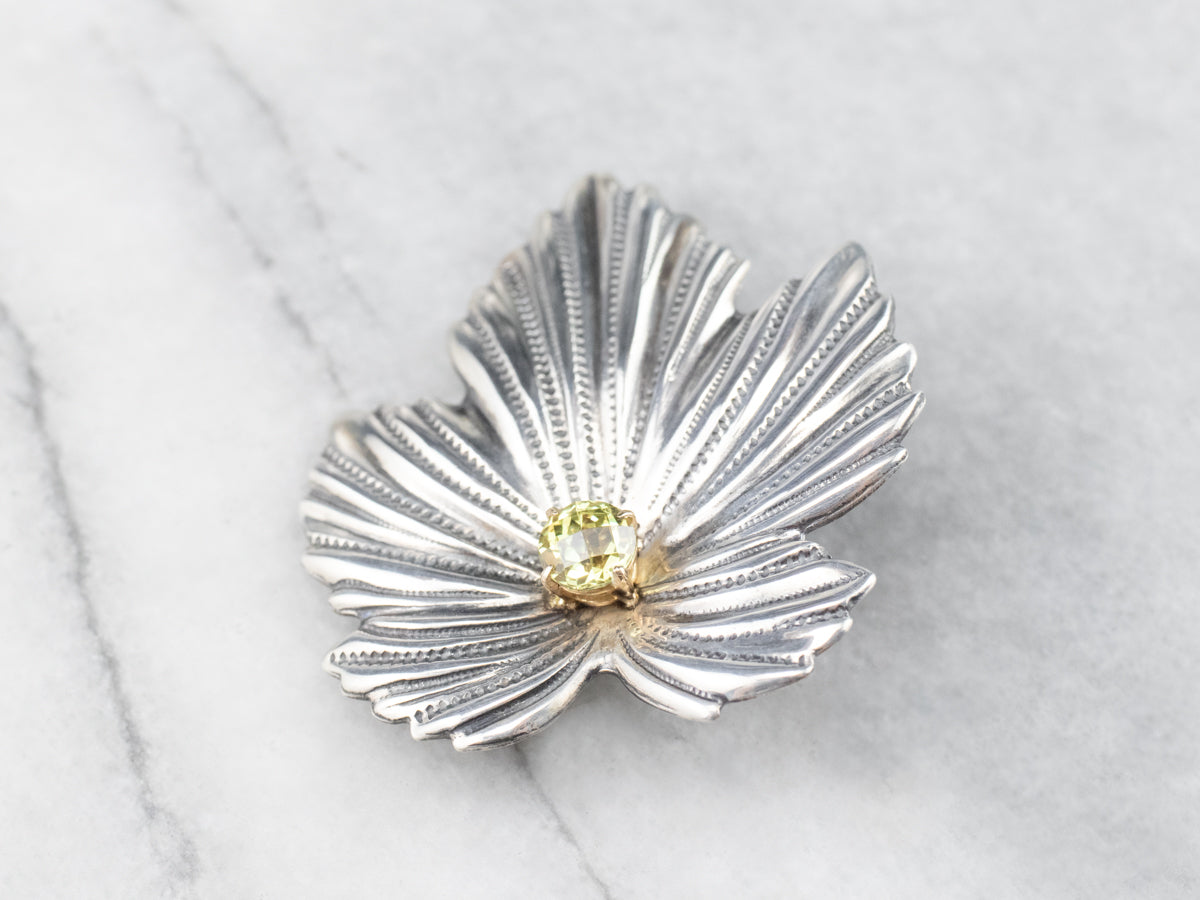 Mixed Metal Mali Garnet Leaf Brooch