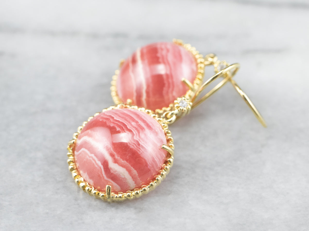 Gold Rhodochrosite and Diamond Drop Earrings