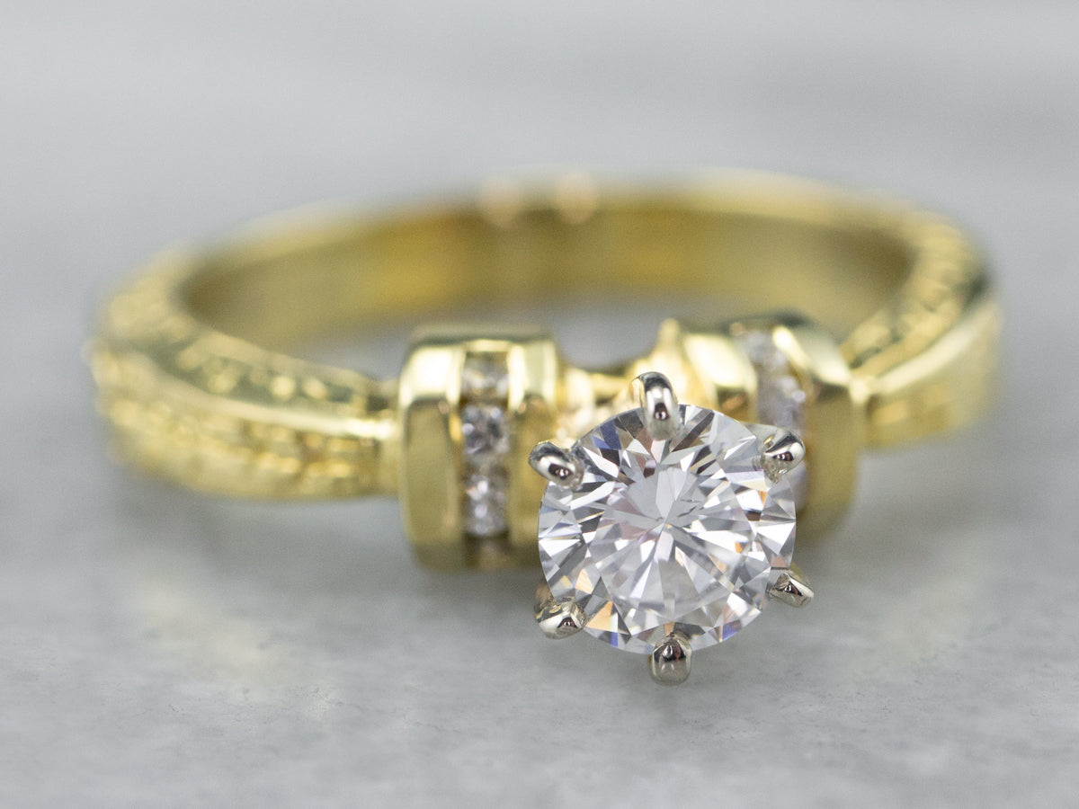 Diamond Patterned Gold Engagement Ring