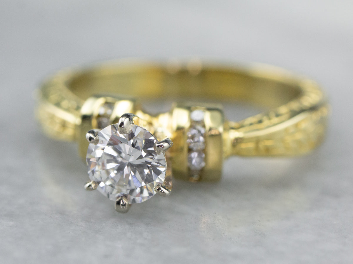 Diamond Patterned Gold Engagement Ring