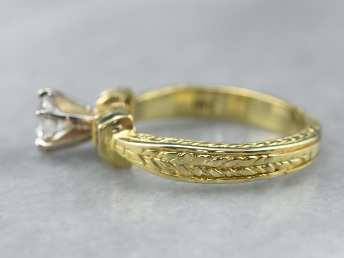 Diamond Patterned Gold Engagement Ring