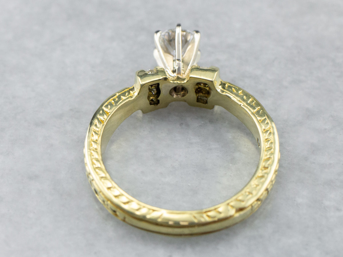 Diamond Patterned Gold Engagement Ring