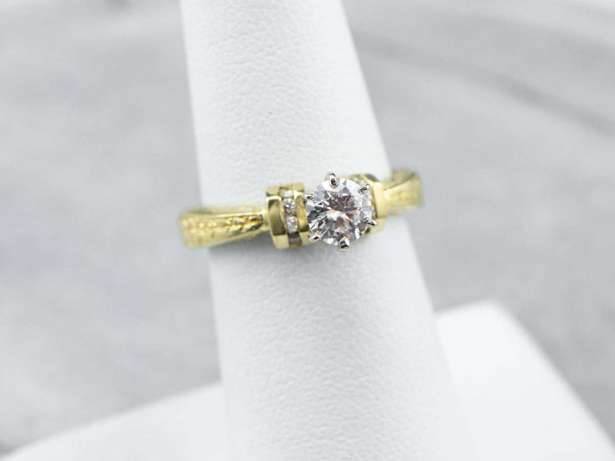 Diamond Patterned Gold Engagement Ring