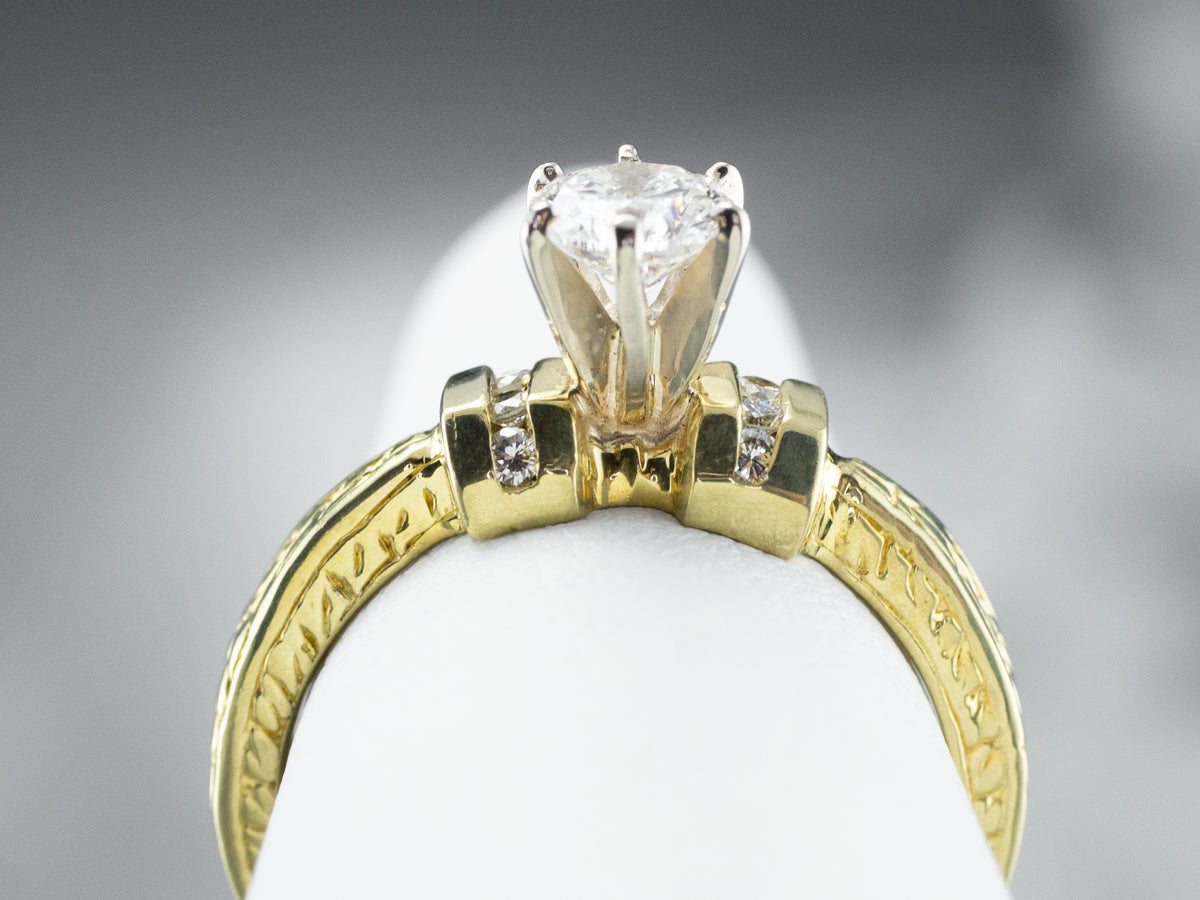 Diamond Patterned Gold Engagement Ring