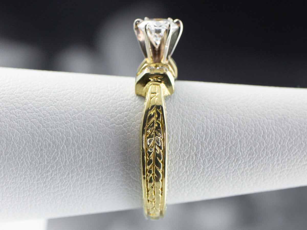 Diamond Patterned Gold Engagement Ring