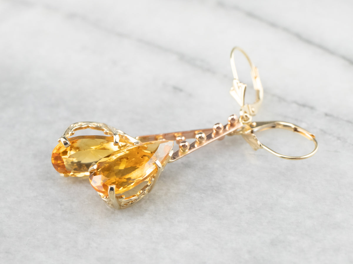 Pear Cut Citrine Gold Bar Drop Earrings